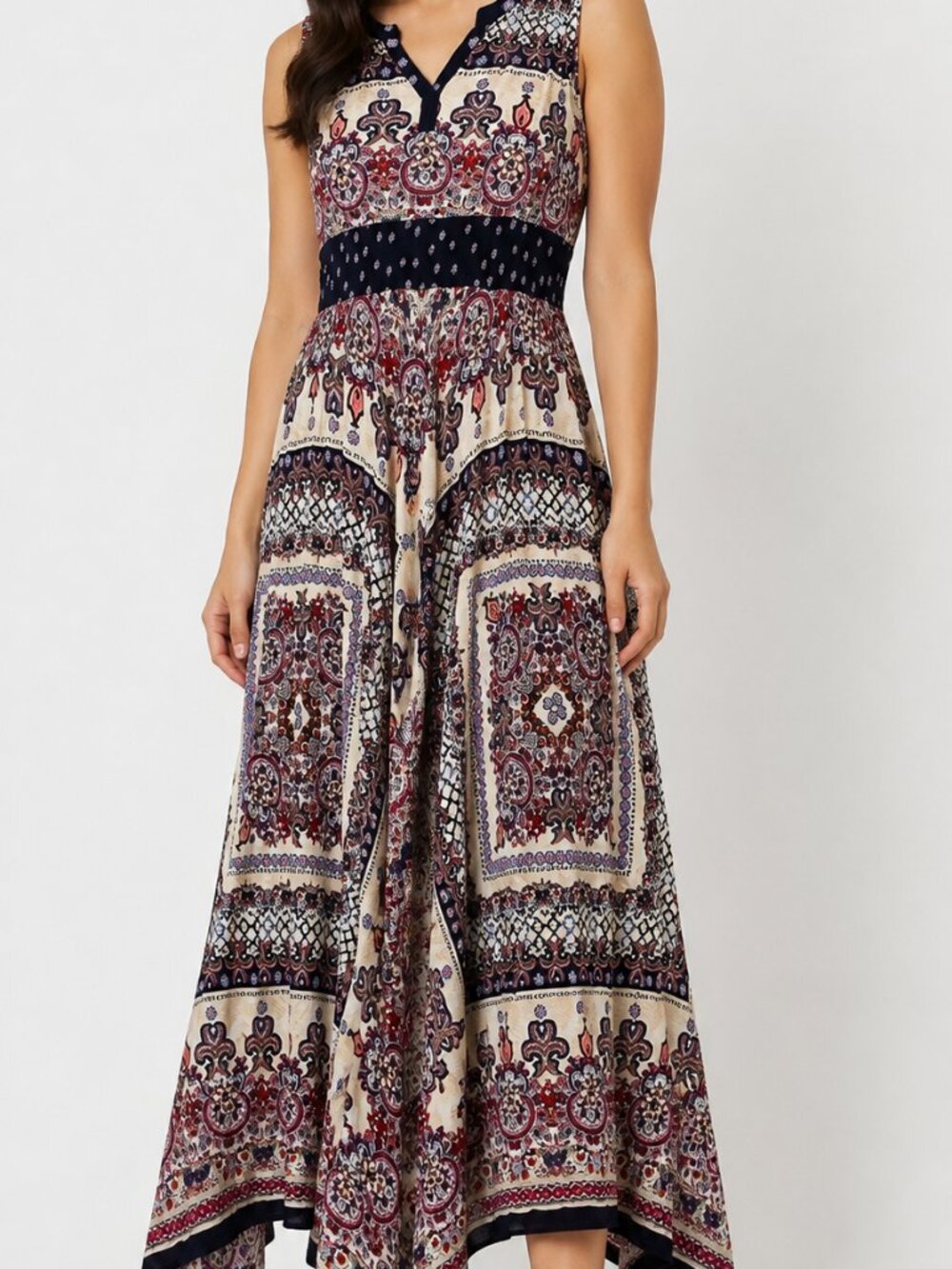 Boho Handkerchief Hem Maxi Dress Sleeveless Smocked Waist Size S